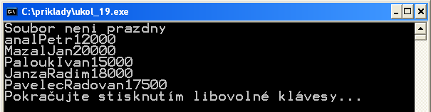 Obr. č. 73: Výpis programu v C Obr. č. 74: Výpis údajů ze souboru pracov.txt Úkol č. 20 Aplikujte tento program na soubor pracov1.txt vytvořený v Úkolu č.