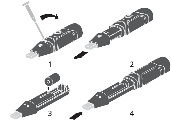 7. Výměna Baterie Používejte pouze specifikovanou 3.6V lithium baterie. Před provedením výměny napájecí baterie, odpojte logger od vstupního portu USB PC.