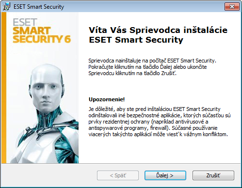 Inštalácia Keďže ESET Smart Security obsahuje súčasti antivírusového riešenia a firewallu, odporúčame vám najskôr odinštalovať všetky antivírusové programy a firewally, aby ste sa vyhli možným