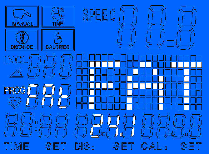 P0 je uživatelský program. V tomto programu si můžete pomocí tlačítka MODE nastavit odpočet času (TIME), vzdálenosti (DISTANCE) či kalorií (CALORIES). 3.