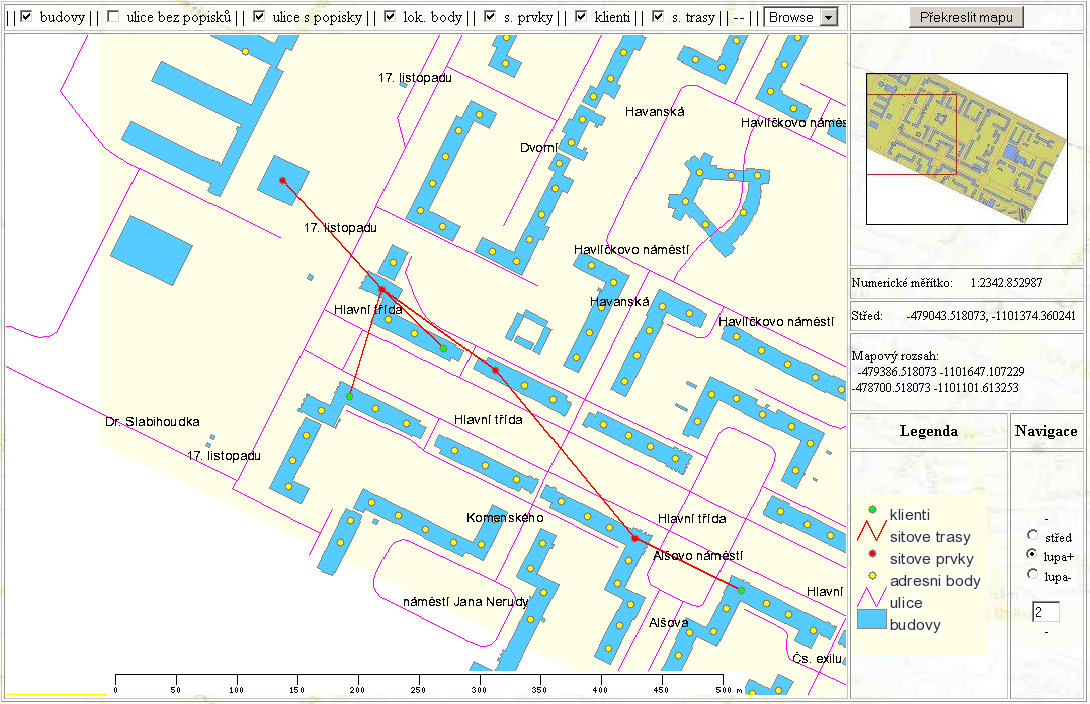 Mapový klient umožňuje zobrazování vybraných vrstev s možností lupy a výběrem bodu, jehož souřadnice (WGS-84 pro možnost použití GPS pro přímou navigaci v