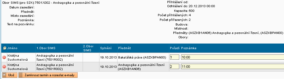 4. Nyní se nacházíte v záložce Přehled termínů/přiřazení studenti ke komisi. V horní části obrazovky vidíte informace o Termínu a Komisi, kterou se chystáte uzamknout.