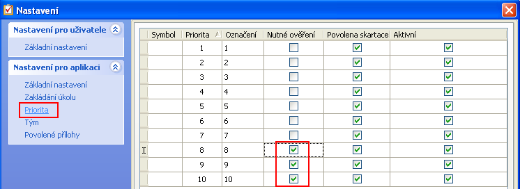 5.2.3 Priorita V této části nastavení se určují vlastnosti jednotlivých úrovní priorit, tj.