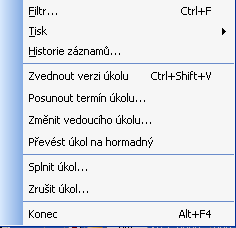 4 Hlavní nabídka ovládání SW Úkoly 4.1 Soubor Filtr okno umožňující filtrování záznamů Tisk slouží pro tisk aktuálně vybrané záznamu, nebo všech zobrazených záznamů. Ekvivalentem je ikona.