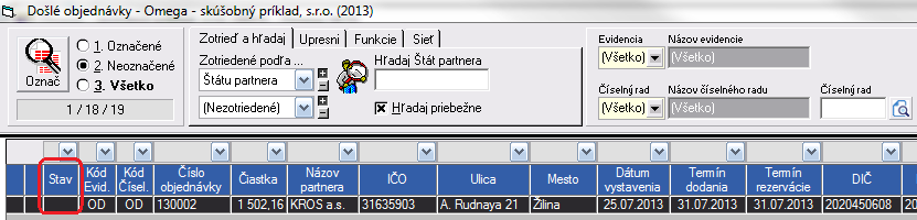 2013 objednávku na 500 ks zvýrazňovačov, 800 balíkov kancelárskeho papiera, s dodaním tovaru je spojený aj poplatok za dopravu 5 km.