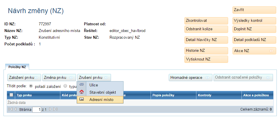 11. Zrušení prvku ADRESNÍ MÍSTO V následujícím postupu si ukážeme návod na zrušení jednoho adresního místa stavebního objektu, který má vazbu na více adresních míst.