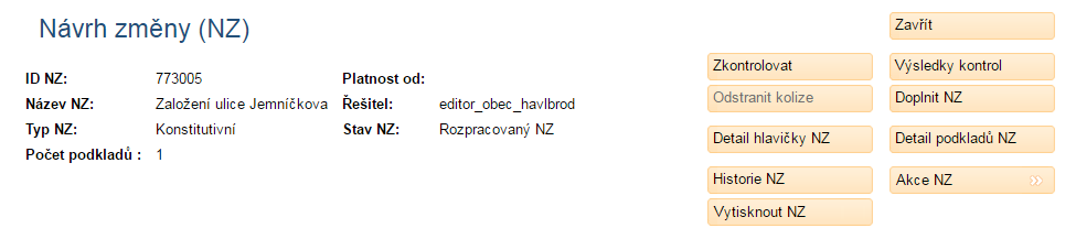 V Detailu podkladů NZ (obrazovka UNZ126) vyplňte Číslo jednací a Popis, což jsou povinné parametry. Pro uložení klikněte na tlačítko Uložit změny.