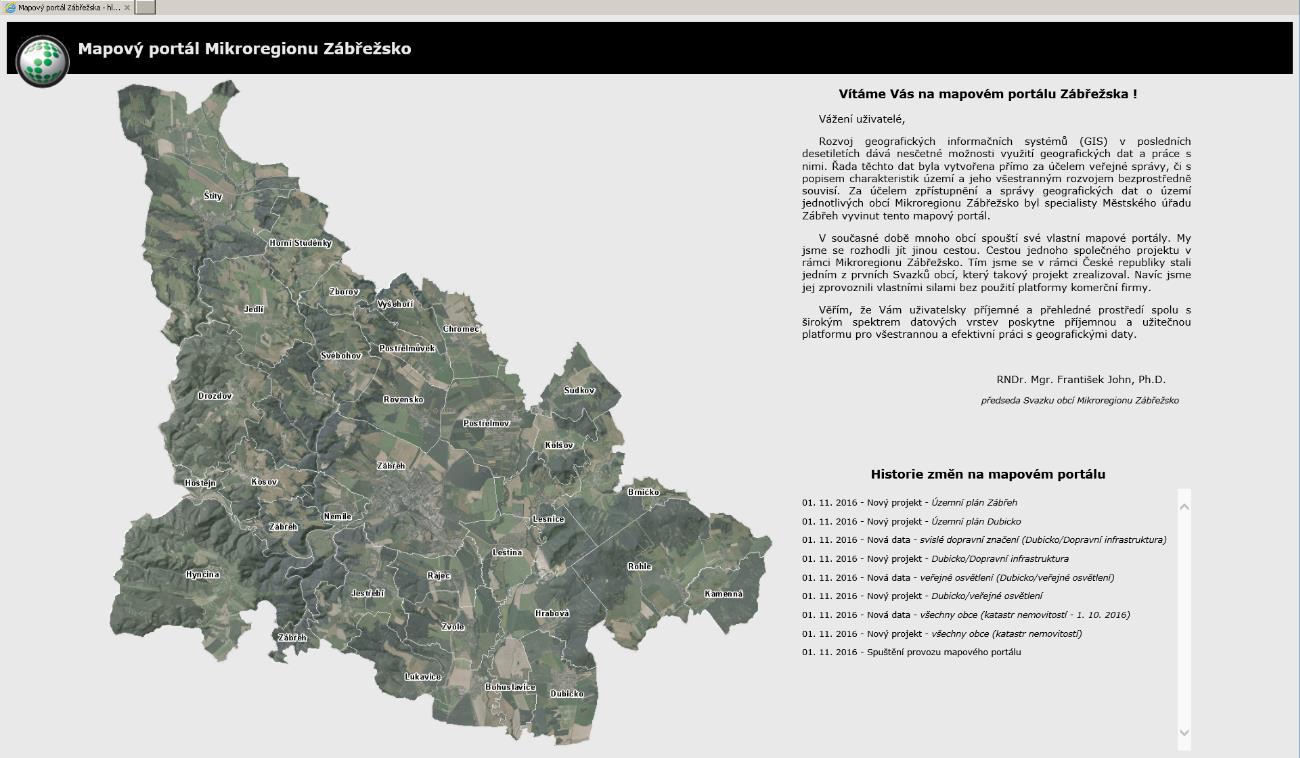 Úvodní stránka mapového portálu Manuál pro prohlížení dat na mapovém portálu Zábřežska Na obrázku níže (Obr. 1) je zobrazen náhled úvodní stránky mapového portálu Zábřežska.
