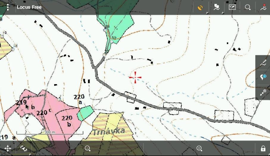 Meranie bodov meria v mieste centra mapového okna - červený kurzor - ak sa meria podľa GPS je potrebné pred zameraním bodu