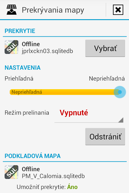 Nastavenie prekrývania mapovej vrstvy - len v Pro verzii Vybrať - vyberie sa transparentná mapa z priečinku - Vlastné / Personal.