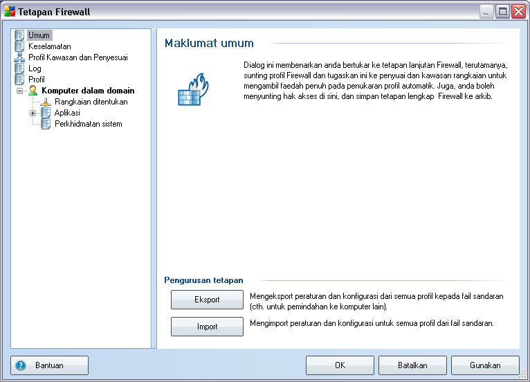 10. Tetapan Firewall Konfigurasi Firewall membuka tetingkap baru di mana beberapa dialog boleh menyediakan parameter yang sangat canggih bagi komponen.