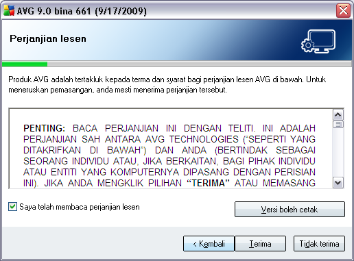 proses pemasangan! 5.2. Perjanjian Lesen Dialog Perjanjian Lesen memberikan kata-kata penuh mengenai perjanjian lesen AVG.