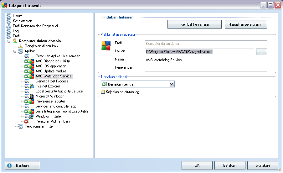 Dialog untuk mengedit set peraturan aplikasi sedia ada dibuka menggunakan butang Edit daripada dialog Aplikasi dalam Tetapan Firewall: Dalam dialog ini, anda boleh mengedit semua parameter aplikasi: