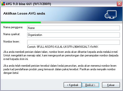 anda terima selepas membeli AVG 9 Internet Security dalam talian anda. Anda mesti menaip nombor betul-betul seperti yang ditunjukkan.