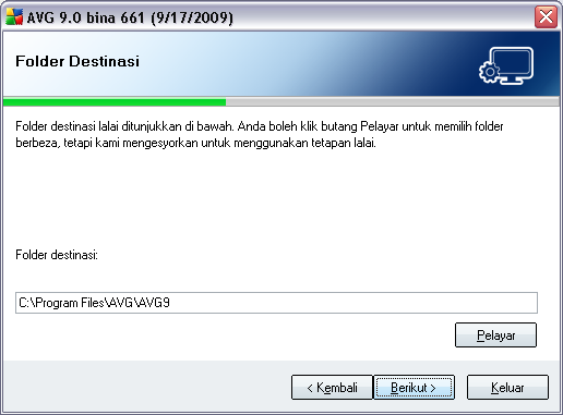 5.6. Pemasangan Tersuai - - Folder destinasi Dialog Folder Destinasi membenarkan anda menentukan lokasi di mana harus AVG 9 Internet Security harus dipasang.