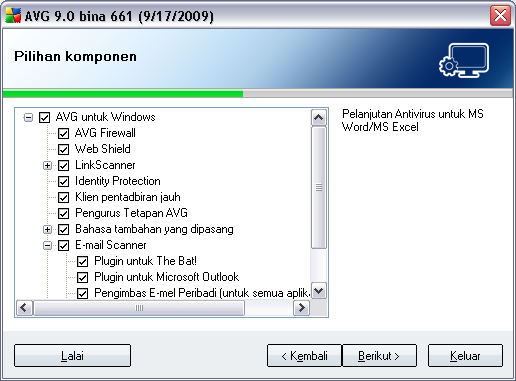 5.7. Pemasangan Tersuai - Pemilihan Komponen Dialog Pemilihan Komponen memaparkan gambaran keseluruhan bagi semua AVG 9 Internet Security komponen yang boleh dipasang.