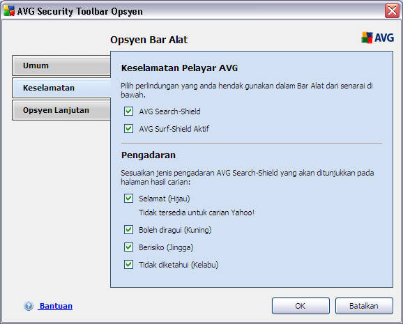 Tab Keselamatan dibahagikan ke dalam dua bahagian, AVG Browser Security danpengadaran, di mana anda boleh menanda kotak semakan tertentu untuk menguntukkan kefungsian AVG Security Toolbar yang anda