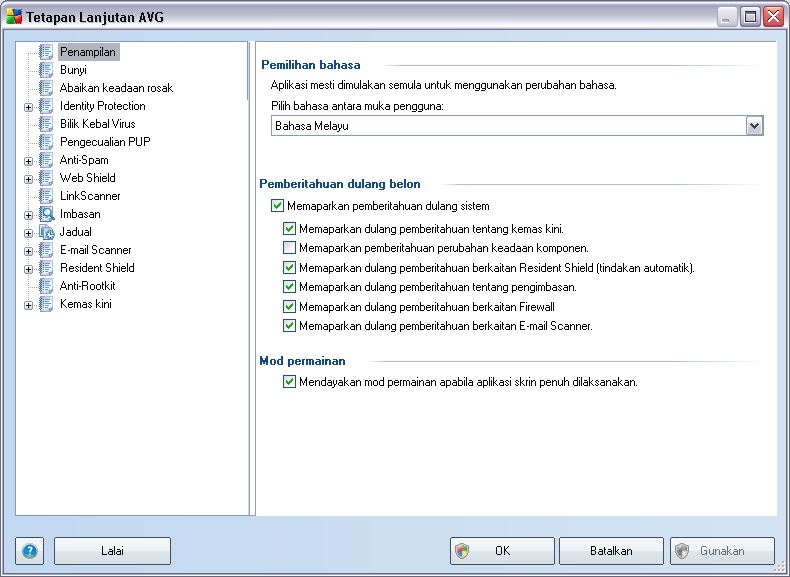 9. Tetapan Lanjutan AVG Dialog konfigurasi lanjutan bagi AVG 9 Internet Security membuka tetingkap baru yang dinamakan Tetapan AVG Lanjutan.