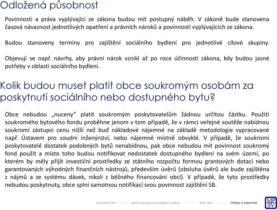 Budou stanoveny termíny pro zajištění sociálního bydlení pro jednotlivé cílové skupiny. Objevují se např.