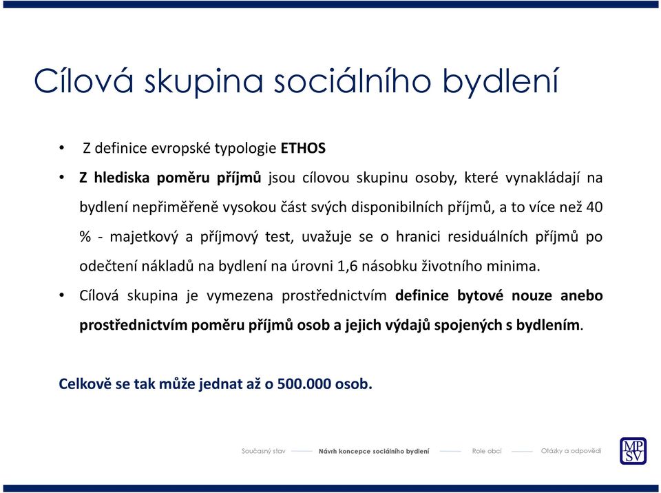 hranici residuálních příjmů po odečtení nákladů na bydlení na úrovni 1,6 násobku životního minima.