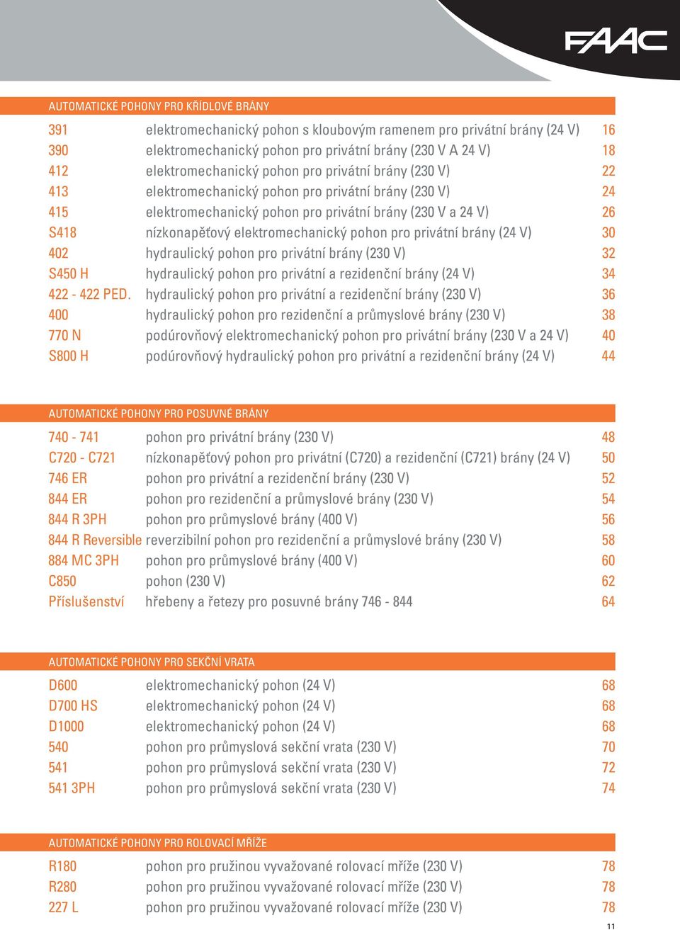 elektromechanický pohon pro privátní brány (24 V) 30 402 hydraulický pohon pro privátní brány (230 V) 32 S450 H hydraulický pohon pro privátní a rezidenční brány (24 V) 34 422-422 PED.