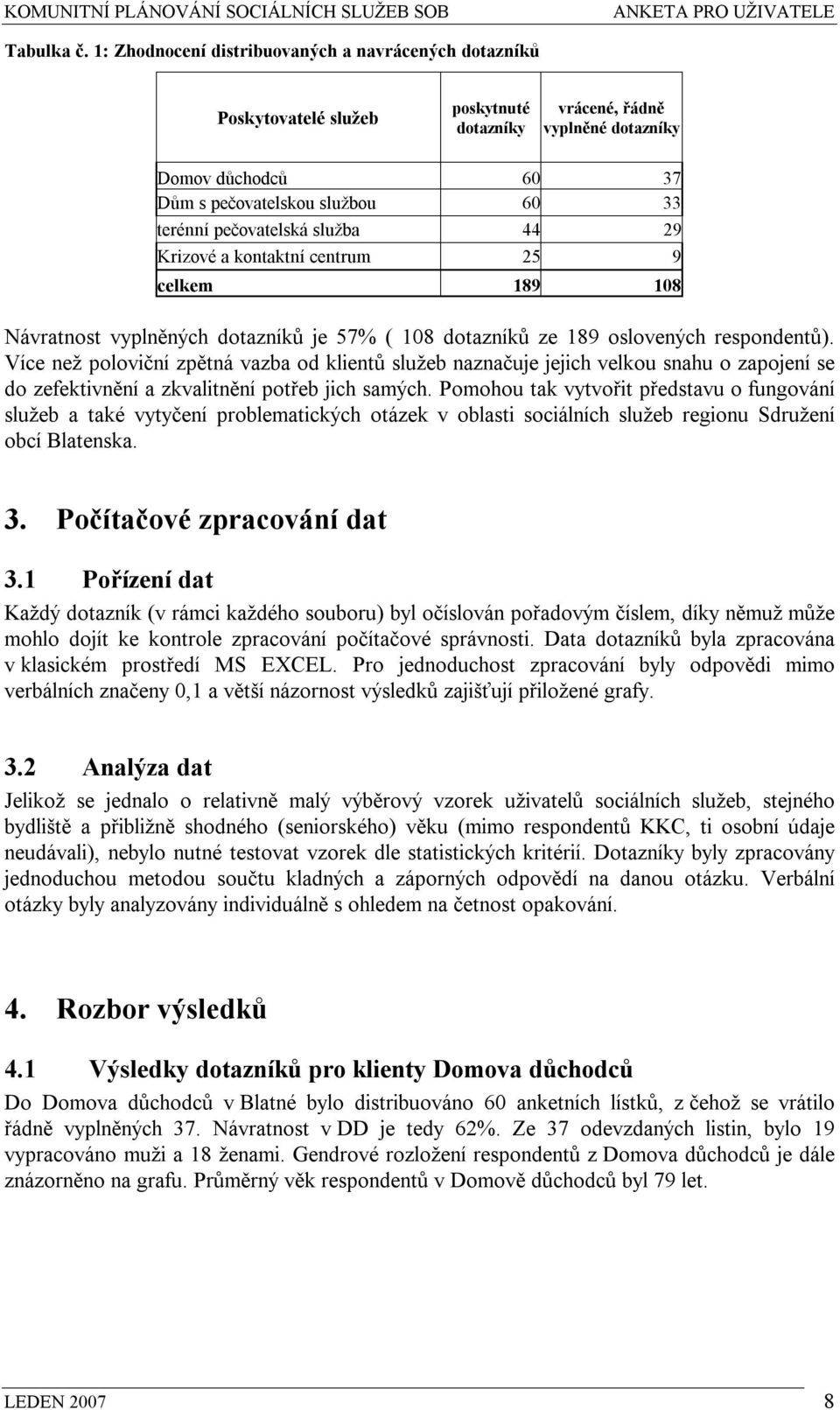 pečovatelská služba 44 29 Krizové a kontaktní centrum 25 9 celkem 189 108 Návratnost vyplněných dotazníků je 57% ( 108 dotazníků ze 189 oslovených respondentů).