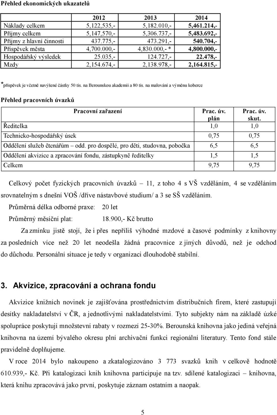 na malování a výměnu koberce Přehled pracovních úvazků Pracovní zařazení Prac. úv. plán 1,0 Prac. úv. skut. 1,0 Technicko-hospodářský úsek 0,75 0,75 Oddělení služeb čtenářům odd.