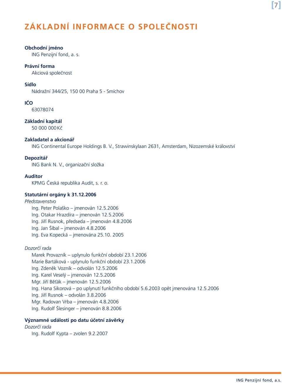 , Strawinskylaan 2631, Amsterdam, Nizozemské království Depozitář ING Bank N. V., organizační složka Auditor KPMG Česká republika Audit, s. r. o. Statutární orgány k 31.12.2006 Představenstvo Ing.