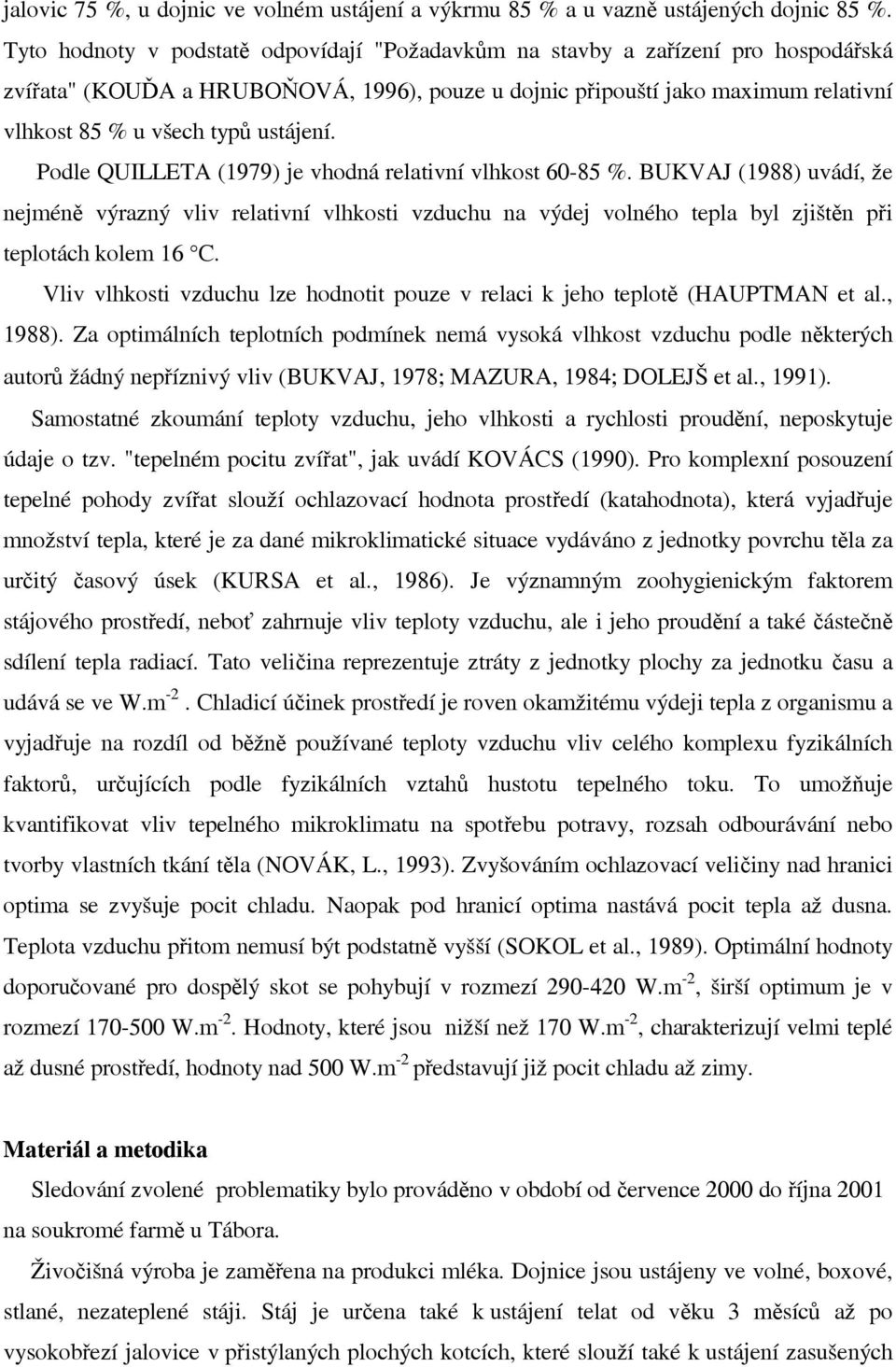 ustájení. Podle QUILLETA (1979) je vhodná relativní vlhkost 60-85 %.