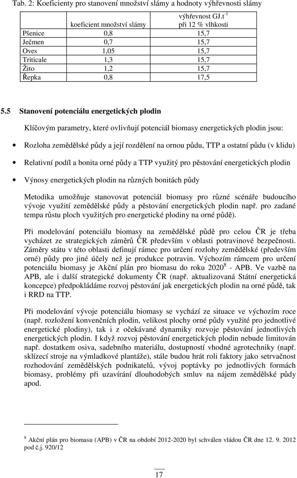 5 Stanovení potenciálu energetických plodin Klíčovým parametry, které ovlivňují potenciál biomasy energetických plodin jsou: Rozloha zemědělské půdy a její rozdělení na ornou půdu, TTP a ostatní půdu