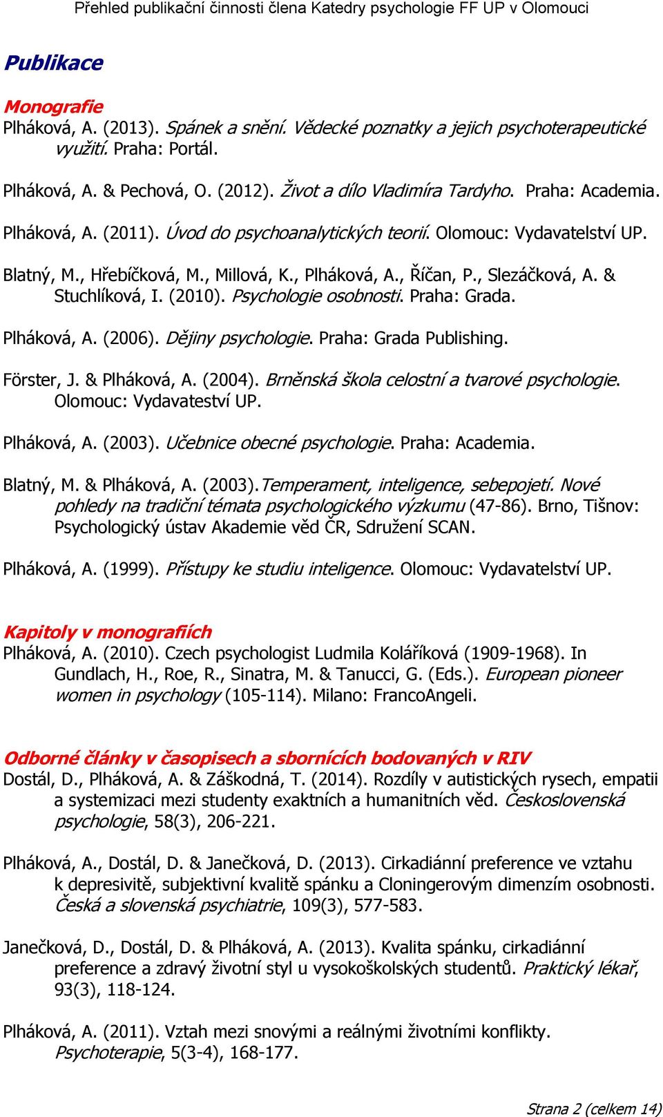 (2010). Psychologie osobnosti. Praha: Grada. Plháková, A. (2006). Dějiny psychologie. Praha: Grada Publishing. Förster, J. & Plháková, A. (2004). Brněnská škola celostní a tvarové psychologie.