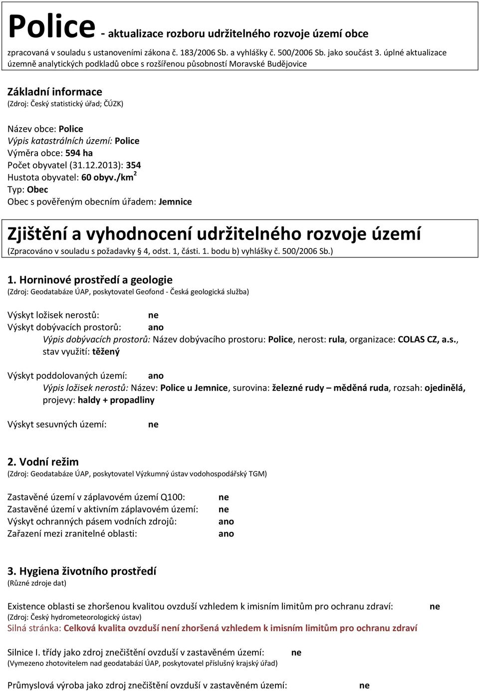 Police Výměra obce: 594 ha Počet obyvatel (31.12.2013): 354 Hustota obyvatel: 60 obyv.