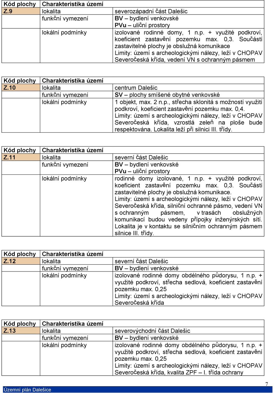 10 lokalita centrum Dalešic funkční vymezení SV plochy smíšené obytné venkovské lokální podmínky 1 objekt, max. 2 n.p., střecha sklonitá s možností využití podkroví, koeficient zastavění pozemku max.