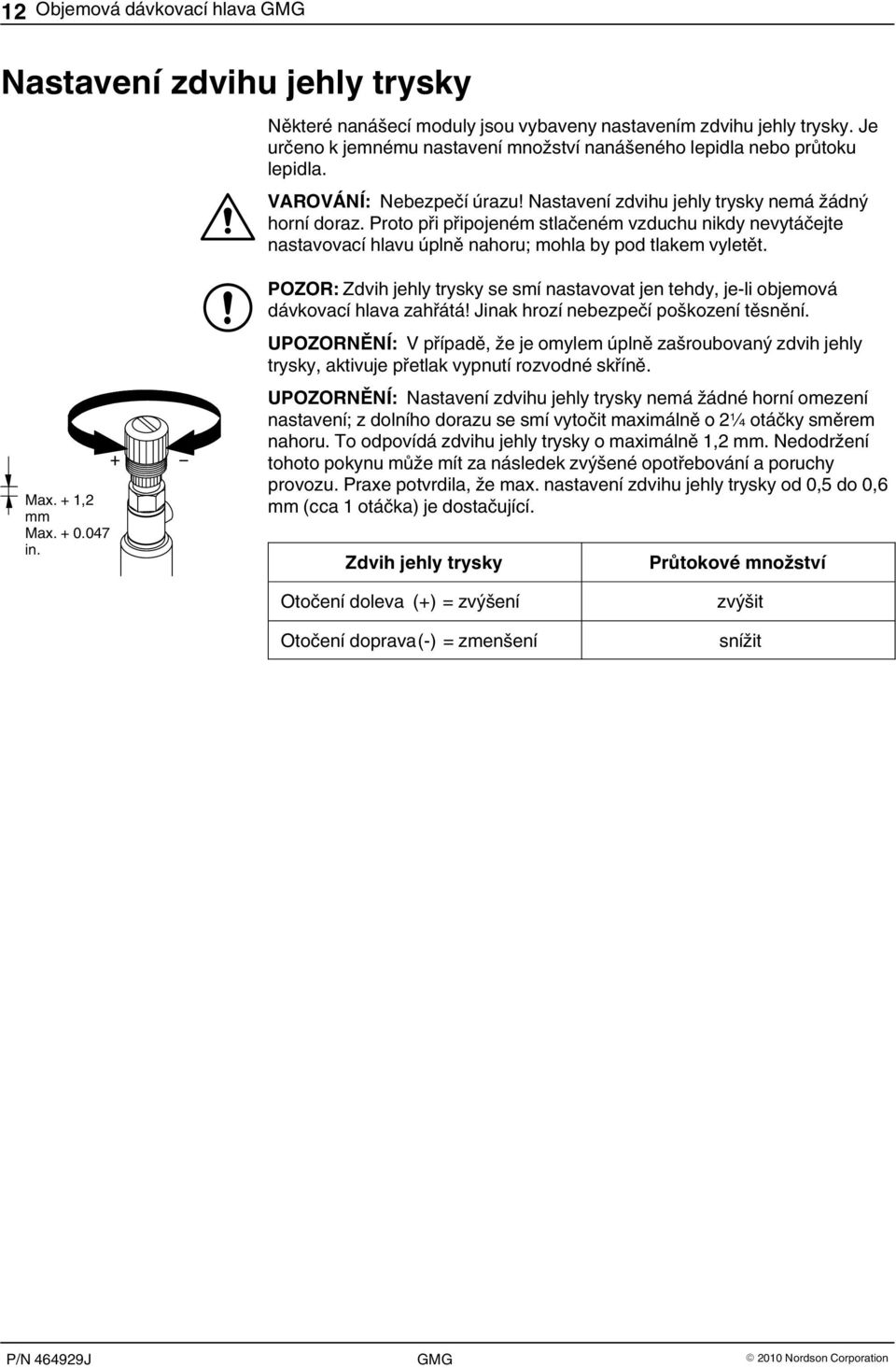 Proto při připojeném stlačeném vzduchu nikdy nevytáčejte nastavovací hlavu úplně nahoru; mohla by pod tlakem vyletět. Max. + 1,2 mm Max. + 0.047 in.