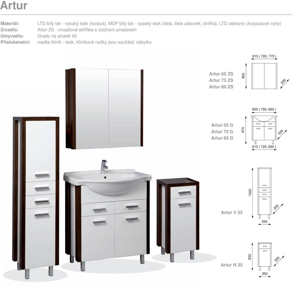 lesk, hliníkové nožky jsou součástí nábytku 615 ( 720, 775 ) Artur 65 ZS Artur 75 ZS Artur 80 ZS 200 650 (