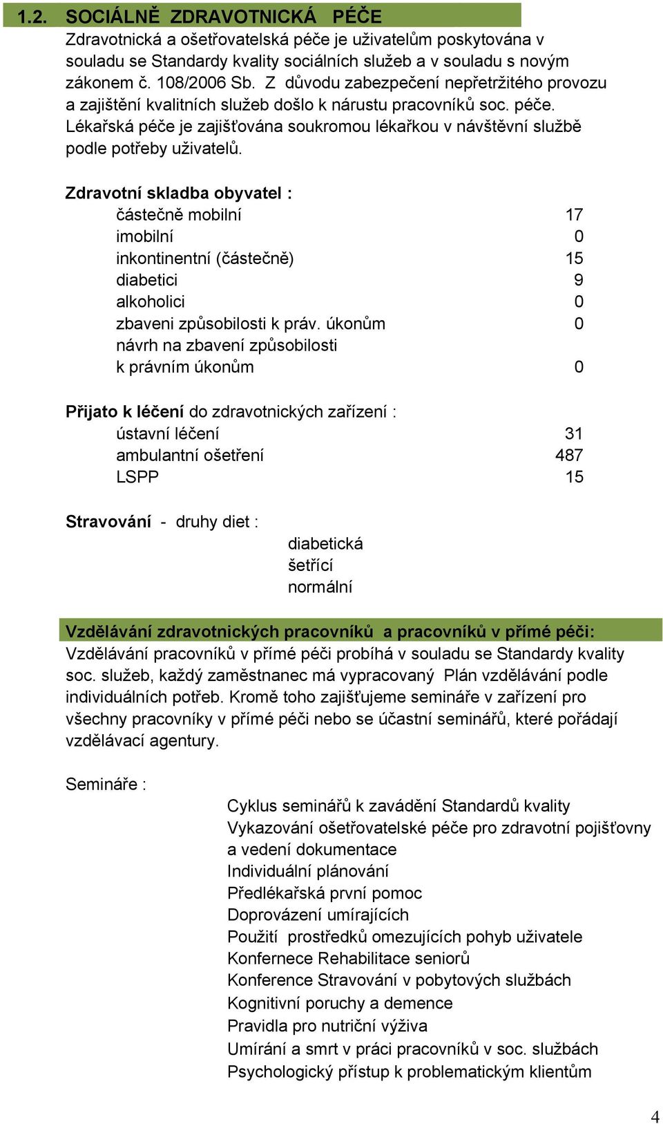 Lékařská péče je zajišťována soukromou lékařkou v návštěvní službě podle potřeby uživatelů.