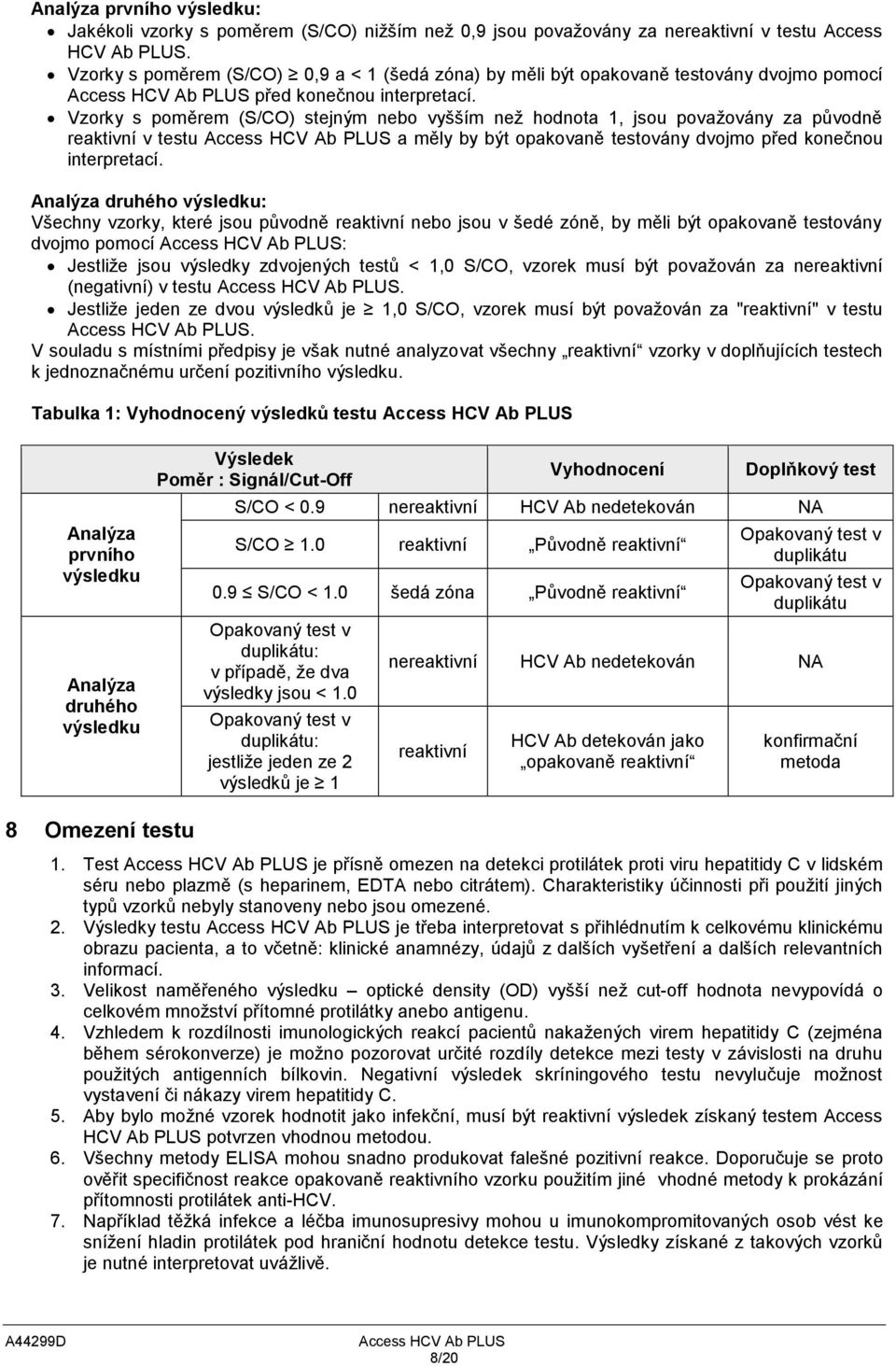 Vzorky s poměrem (S/CO) stejným nebo vy ím než hodnota 1 jsou považovány za původně reaktivní v testu Access HCV Ab PLUS a měly by být opakovaně testovány dvojmo před konečnou interpretací.