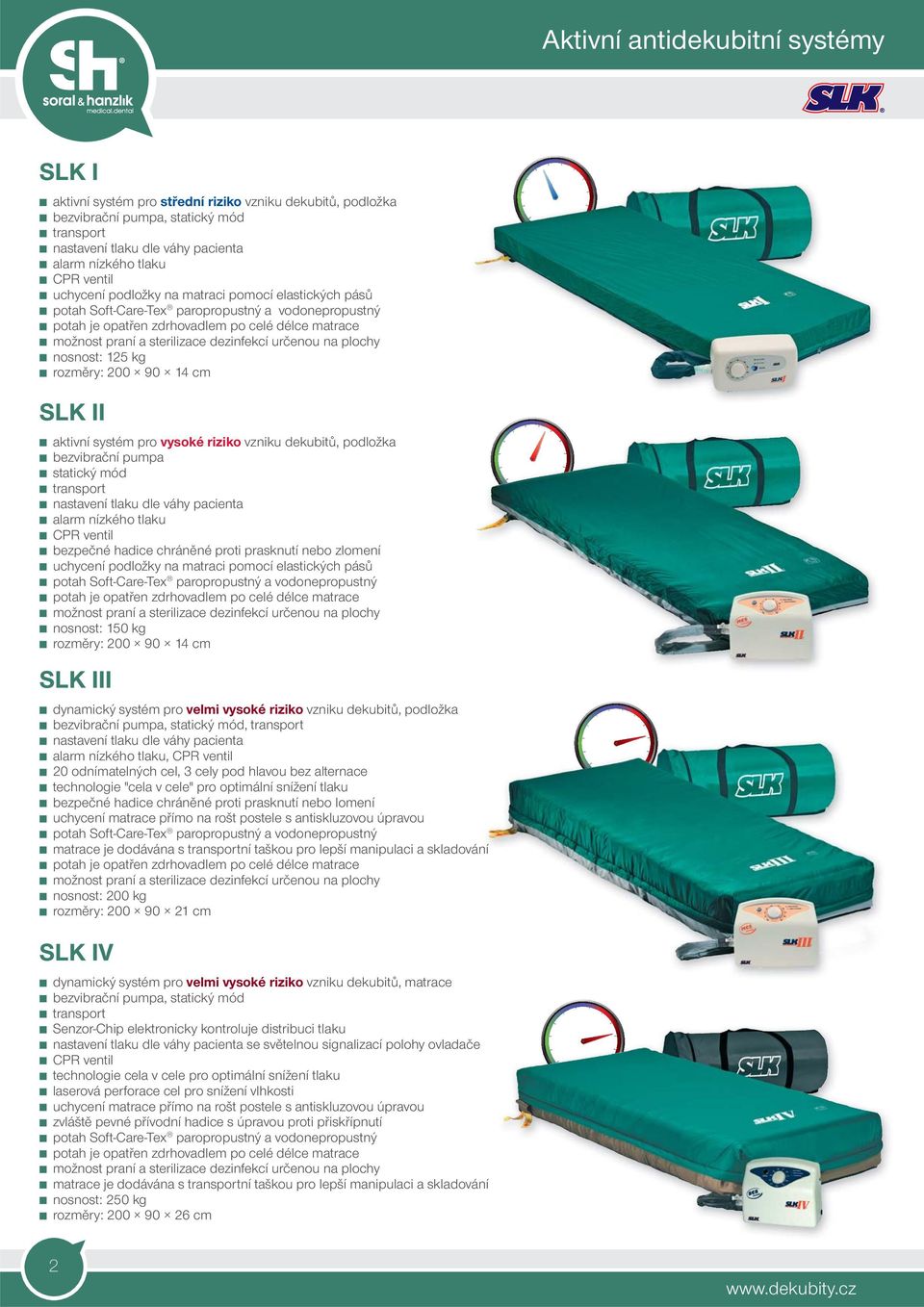 dezinfekcí určenou na plochy nosnost: 125 kg rozměry: 200 90 14 cm SLK II aktivní systém pro vysoké riziko vzniku dekubitů, podložka bezvibrační pumpa statický mód transport nastavení tlaku dle váhy
