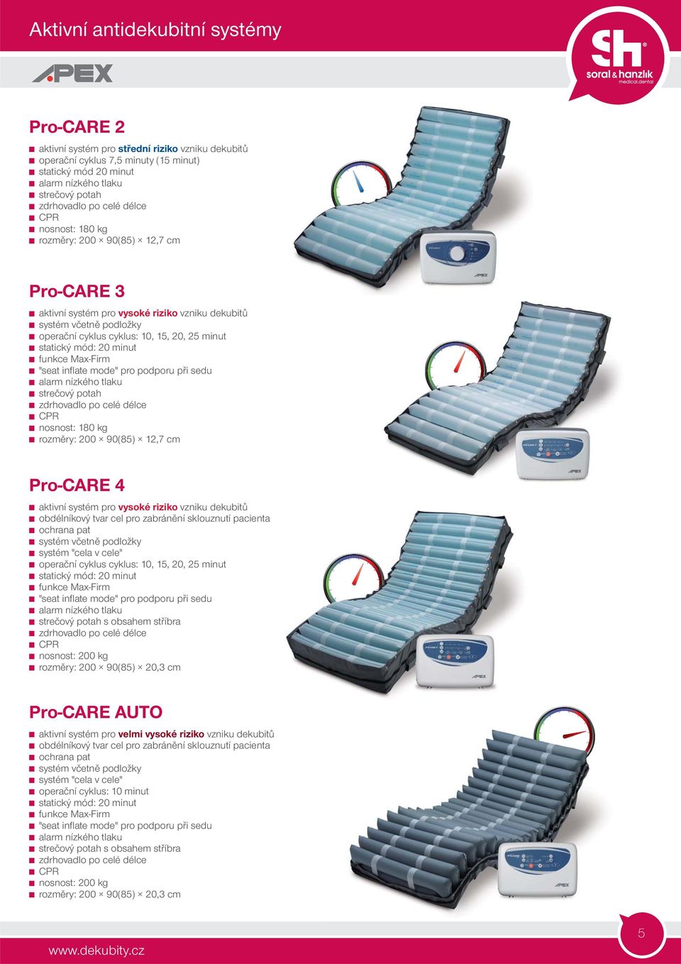 mód: 20 minut funkce Max-Firm "seat infl ate mode" pro podporu při sedu alarm nízkého tlaku strečový potah zdrhovadlo po celé délce CPR nosnost: 180 kg rozměry: 200 90(85) 12,7 cm Pro-CARE 4 aktivní