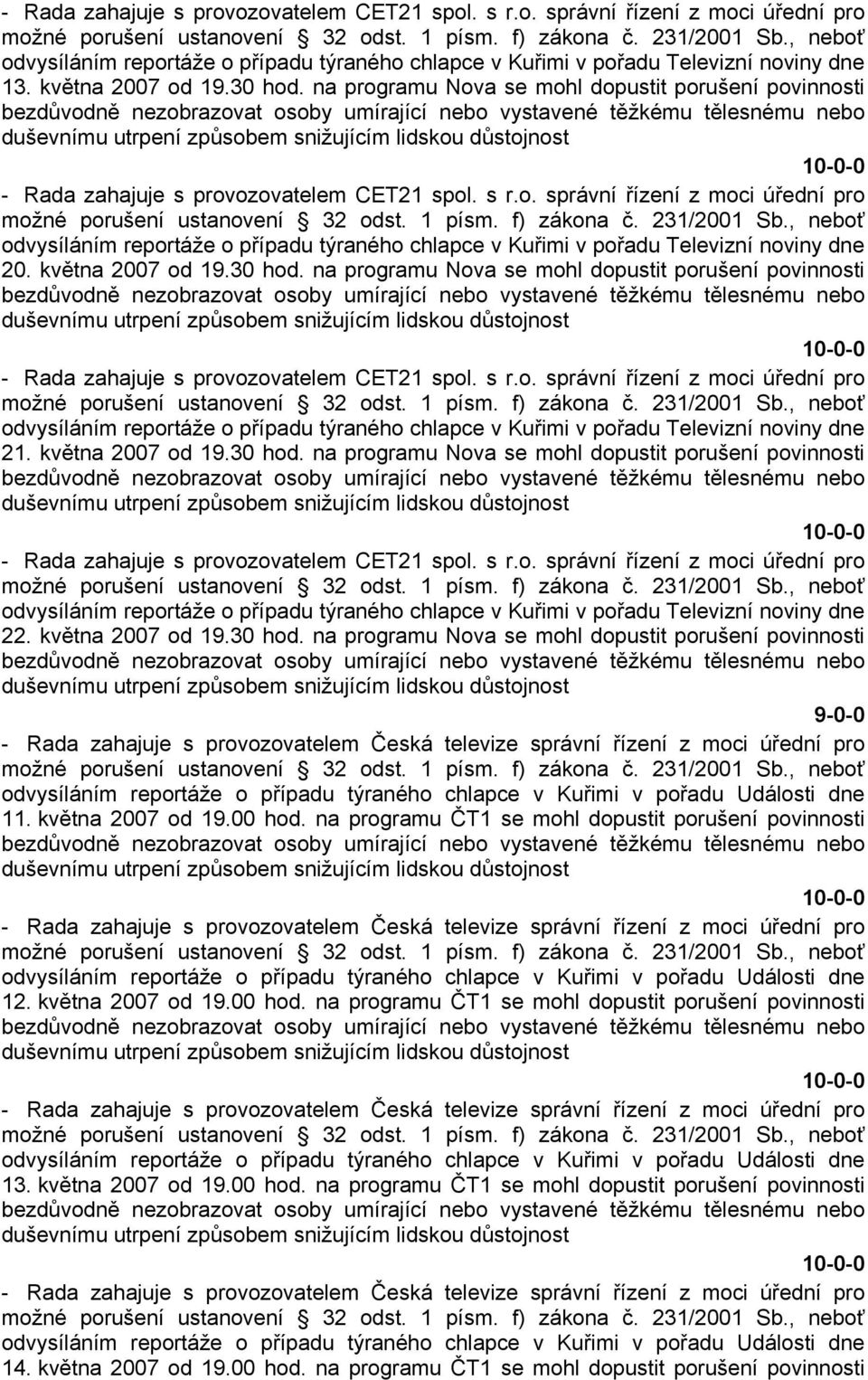 května 2007 od 19.30 hod. na programu Nova se mohl dopustit porušení povinnosti - Rada zahajuje s provozovatelem CET21 spol. s r.o. správní řízení z moci úřední pro odvysíláním reportáže o případu týraného chlapce v Kuřimi v pořadu Televizní noviny dne 21.