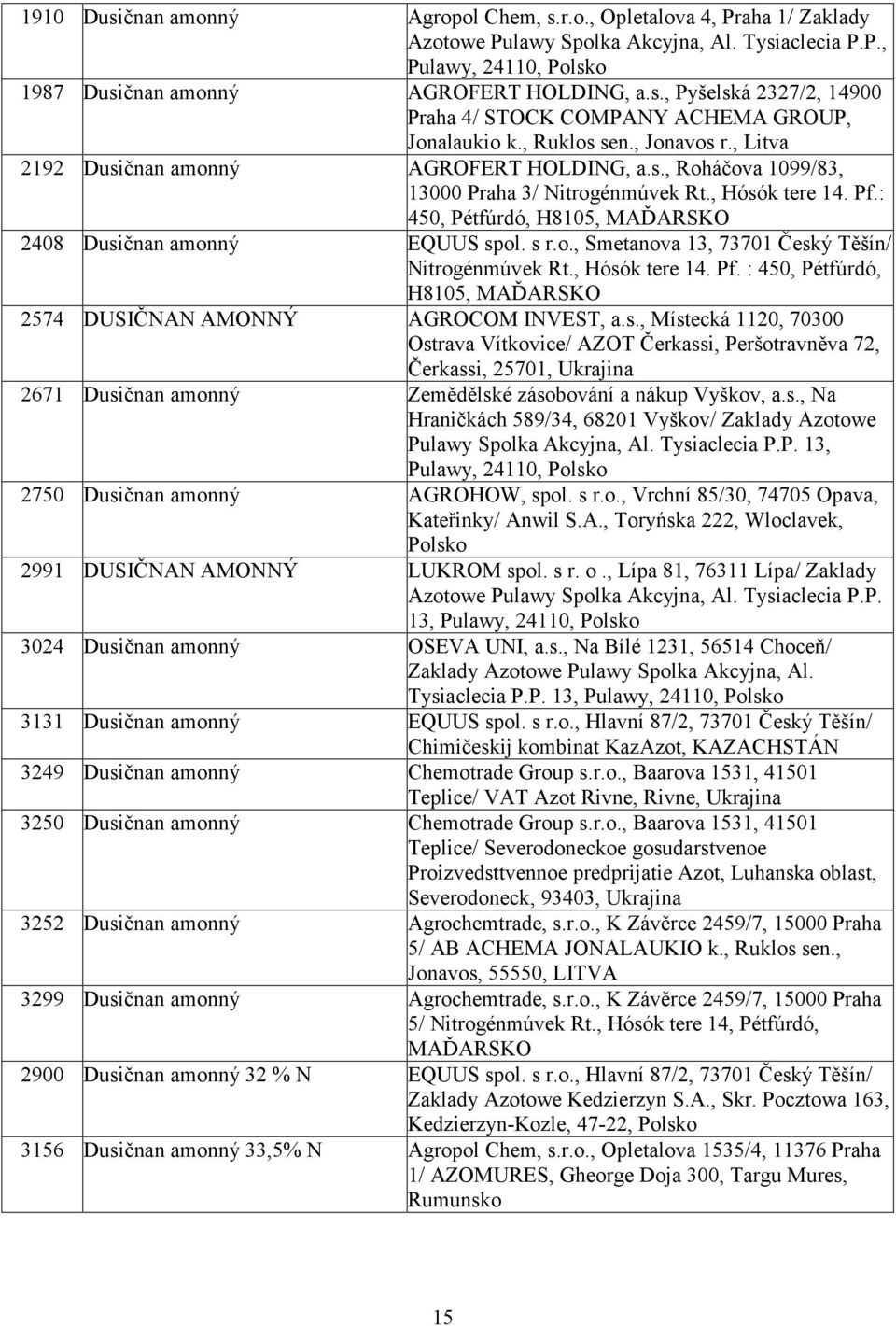 : 450, Pétfúrdó, H8105, MAĎARSKO 2408 Dusičnan amonný EQUUS spol. s r.o., Smetanova 13, 73701 Český Těšín/ Nitrogénmúvek Rt., Hósók tere 14. Pf.