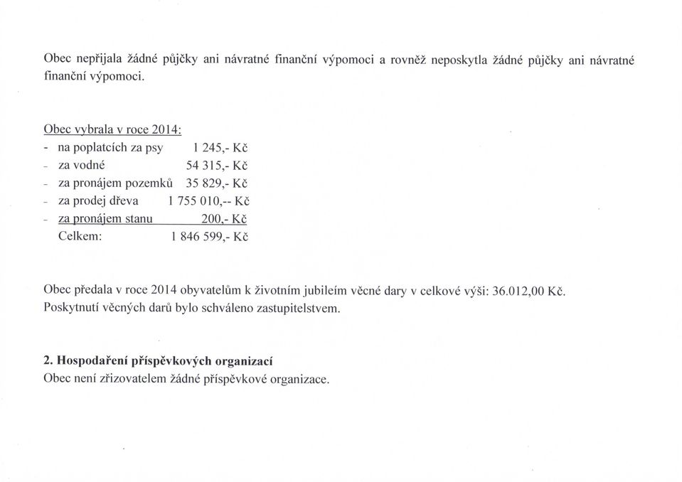 Kc za pronaiem stanu 200.- Kc Celkem: 1 846 599,- Kc Obec pfedala v roce 2014 obyvatelum k zivotnim jubileim vecne dary v celkove vysi: 36.