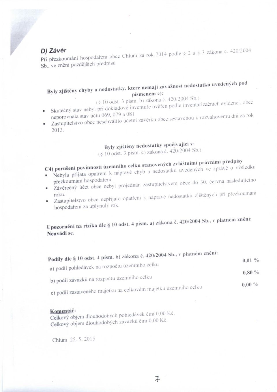 07C> a 0X1 /asiupitelsivo obce neschvalilo ucetni /a\crku obcc scstaxcnou k rozvahovemu dni /a rok 2013. Bylv /.jisten> nt-dostatkv spucivajici \ ( 10 odsi. 3 pism, c) /akona c. 420 2004 Sb.