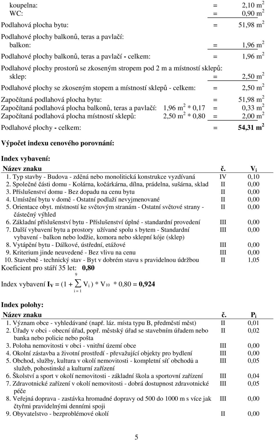 bytu: = 51,98 m 2 Započítaná podlahová plocha balkonů, teras a pavlačí: 1,96 m 2 * 0,17 = 0,33 m 2 Započítaná podlahová plocha místností sklepů: 2,50 m 2 * 0,80 = 2,00 m 2 Podlahové plochy - celkem: