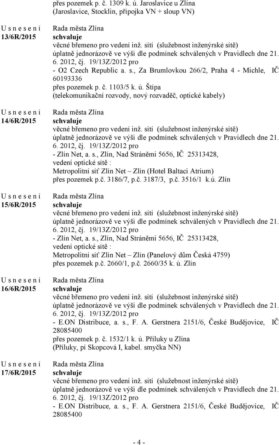 č. 1103/5 k. ú. Štípa (telekomunikační rozvody, nový rozvaděč, optické kabely) věcné břemeno pro vedení inž.