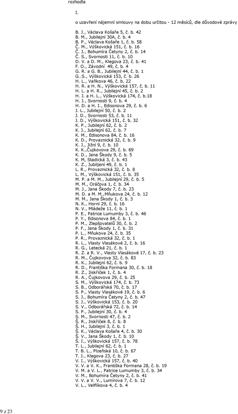 L., Vaňkova 46, č. b. 22 H. R. a H. N., Výškovická 157, č. b. 11 H. L. a H. R., Jubilejní 45, č. b. 2 H. J. a H. L., Výškovická 174, č. b.18 H. J., Svornosti 9, č. b. 4 H. D. a H. I., Edisonova 29, č.