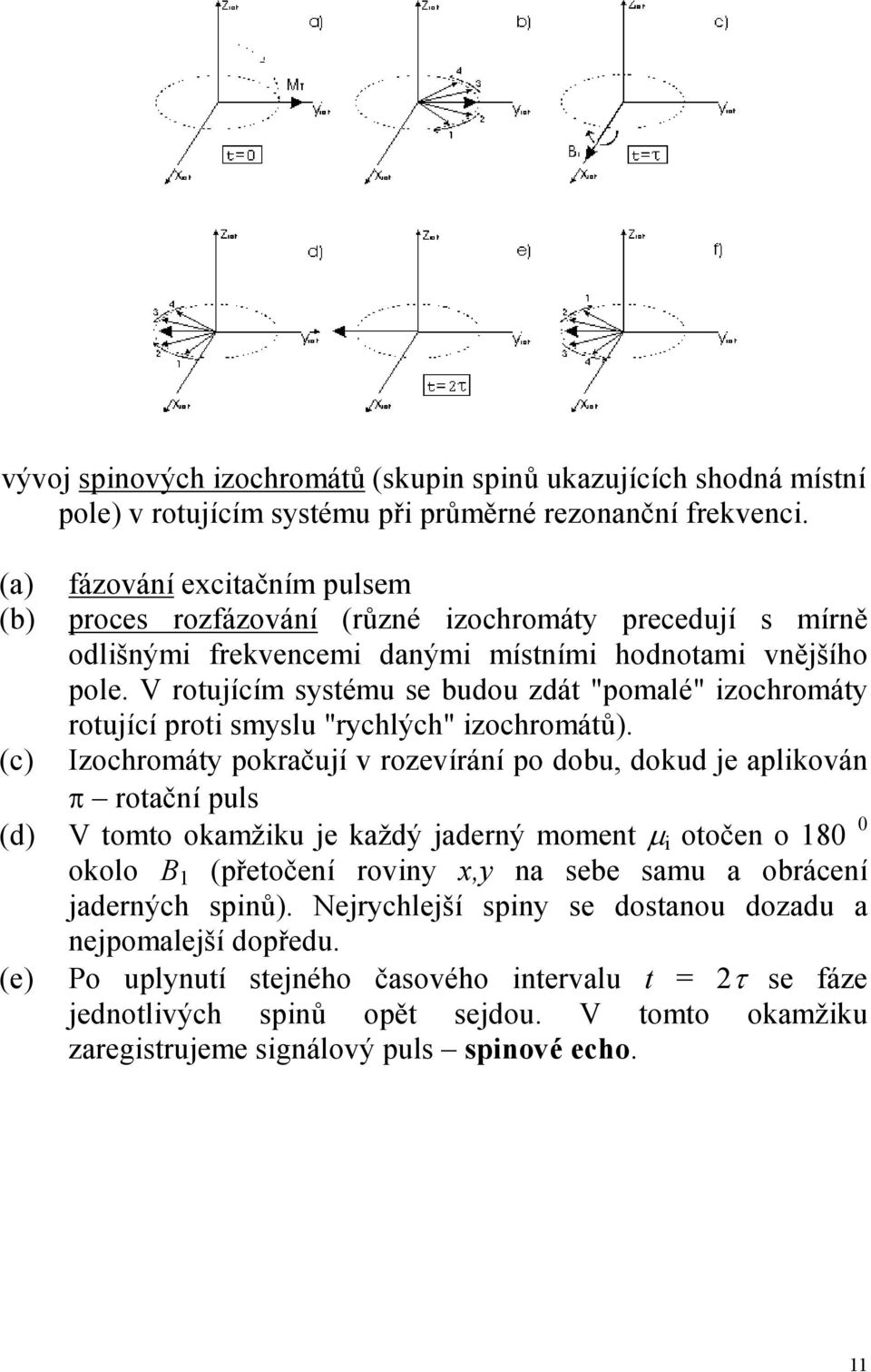 pokračují v rozevírání po dobu, dokud je aplikován π rotační puls (d) V tomto okamžiku je každý jaderný moment µ i otočen o 180 0 okolo B 1 (přetočení rovin, na sebe samu a obrácení jaderných spinů)