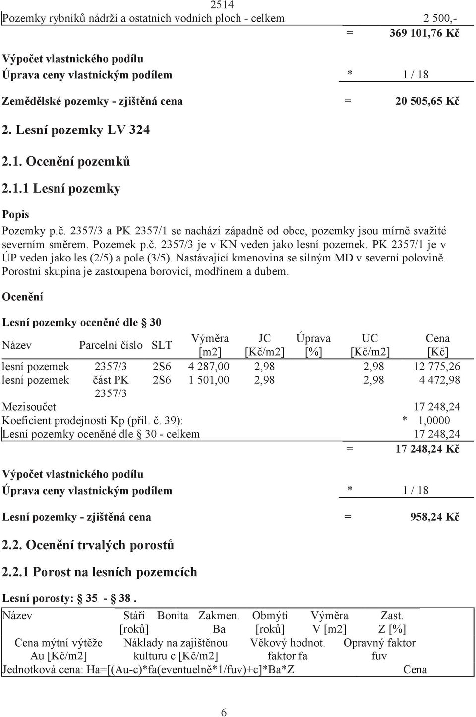 . 2357/3 je v KN veden jako lesní pozemek. PK 2357/1 je v ÚP veden jako les (2/5) a pole (3/5). Nastávající kmenovina se silným MD v severní polovin.