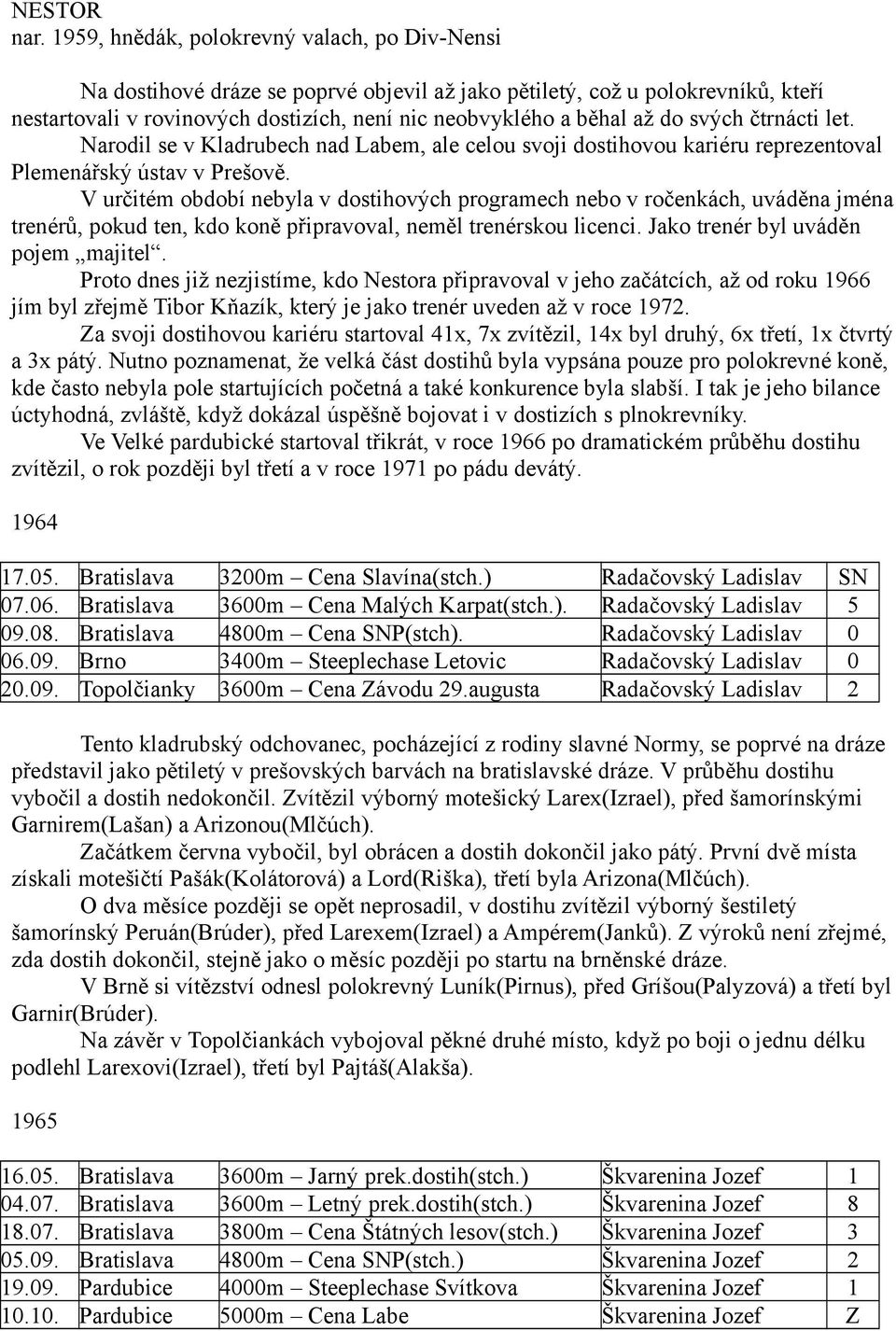 svých čtrnácti let. Narodil se v Kladrubech nad Labem, ale celou svoji dostihovou kariéru reprezentoval Plemenářský ústav v Prešově.