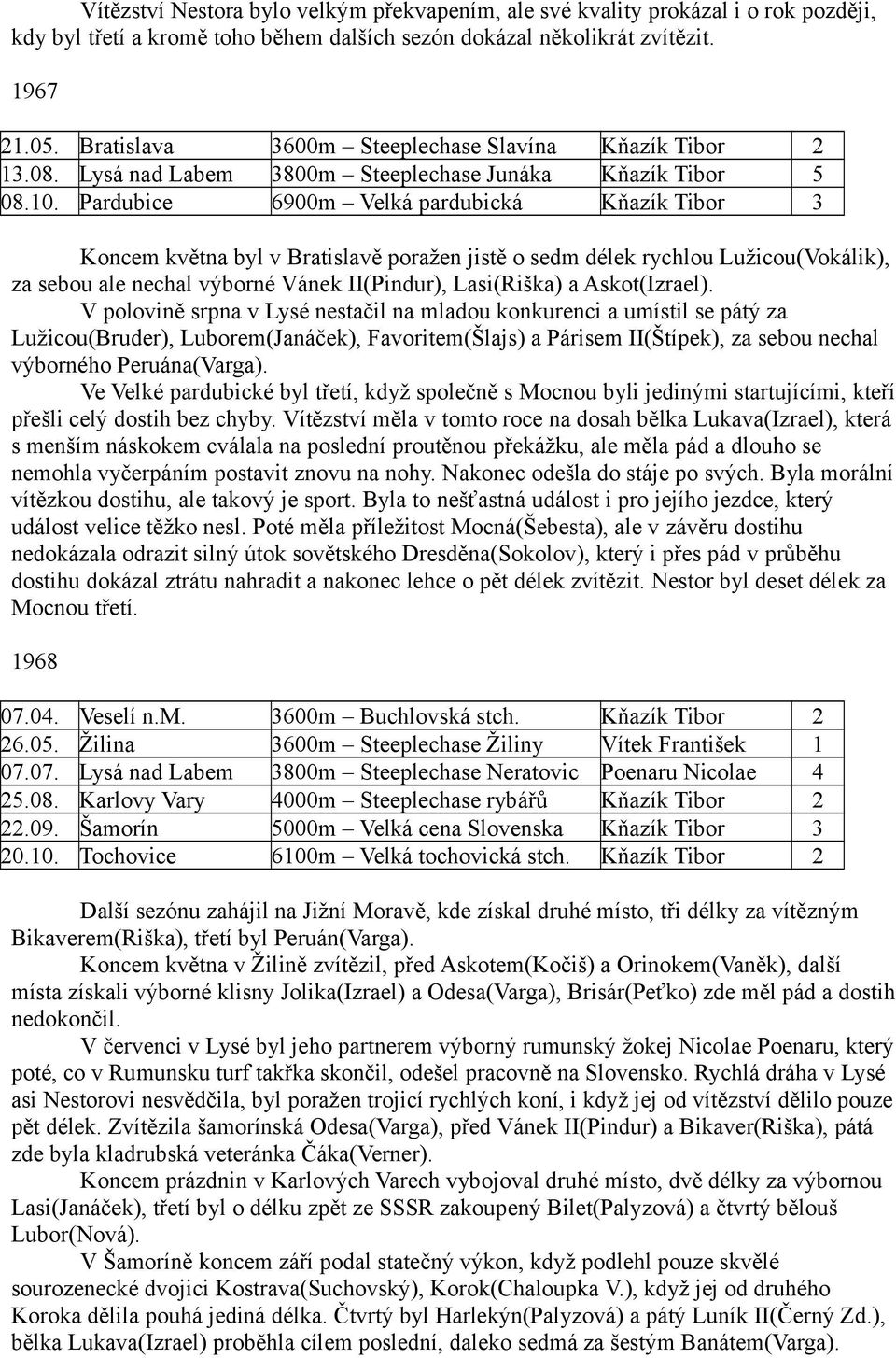 Pardubice 6900m Velká pardubická Kňazík Tibor 3 Koncem května byl v Bratislavě poražen jistě o sedm délek rychlou Lužicou(Vokálik), za sebou ale nechal výborné Vánek II(Pindur), Lasi(Riška) a